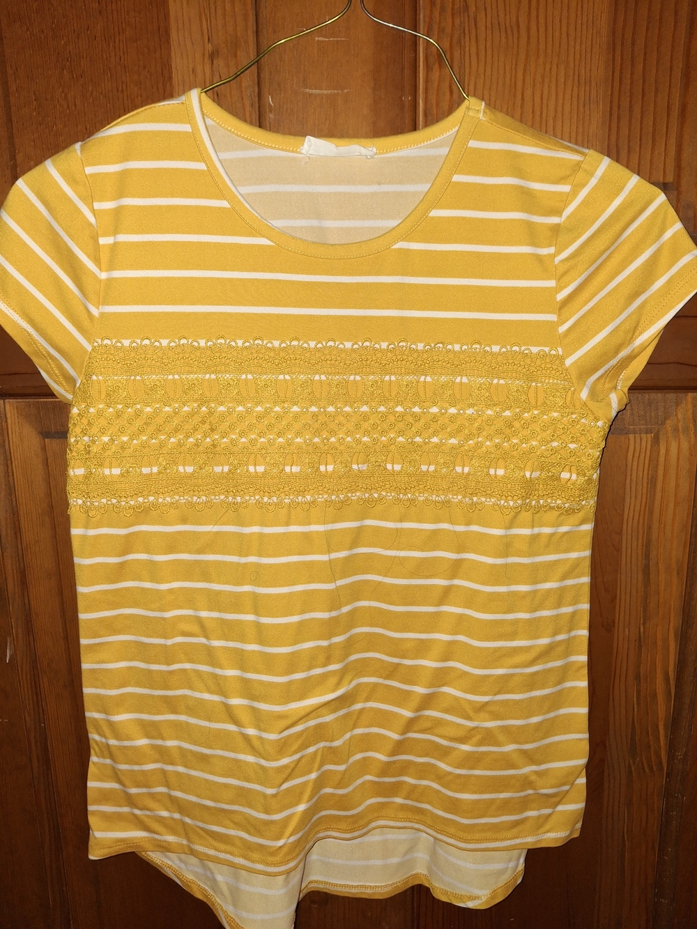Knitworks Yellow and White Striped Lace-Panel Short Sleeve Top Girls XL